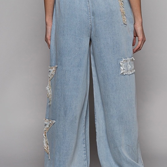 POL Denim Embroidered Stars Boho Patchwork Joggers Pants Women’s Blue Relaxed - Picture 16 of 16